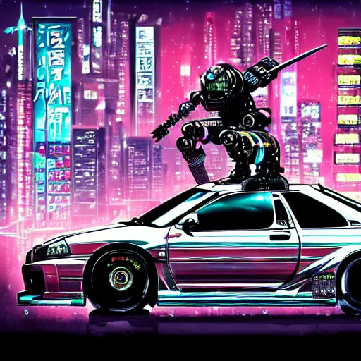 Image similar to beautiful hyper-detailed full colour manga illustration of a robot ninja warrior with a sword, standing on top of a modified Nissan skyline r34, cyberpunk, dystopian, neon, rain