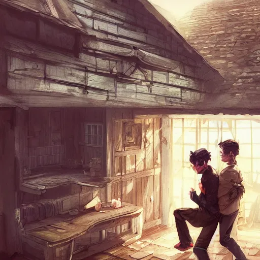 Prompt: two husbands leave each other inside a big wooden broken house by Stanley Artgerm Lau, WLOP, Rossdraws, James Jean, Andrei Riabovitchev, Marc Simonetti, Yoshitaka Amano, ArtStation, CGSociety