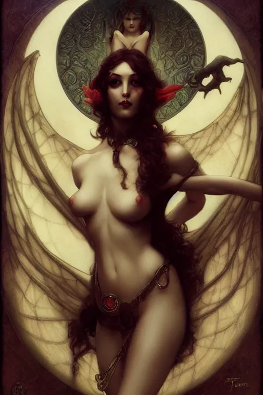 Prompt: Succubus by Tom Bagshaw in the style of Gaston Bussière, art nouveau