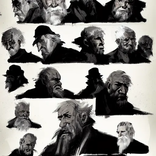 Image similar to faces reference sheet of various old - man by ashley wood and j. m. w. turner, speed painting, matte painting, monochrome