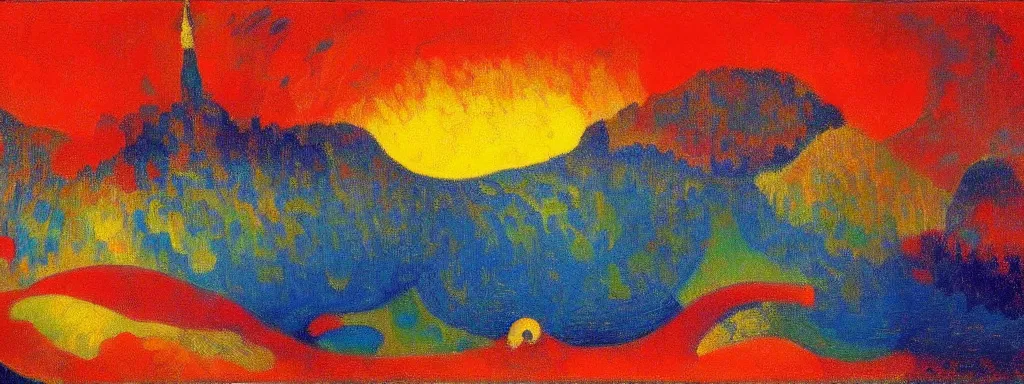 Image similar to An insane, modernist landscape painting. Wild energy patterns rippling in all directions. Curves, organic, zig-zags. Mountains, clouds. Rushing water. Waves. Psychedelic dream world. Odilon Redon. Andre Derain.