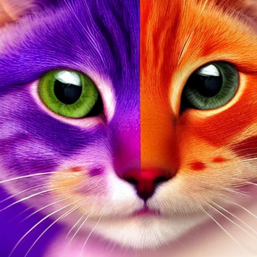 Image similar to orange cat, colored purple like the cheshire cat, photo