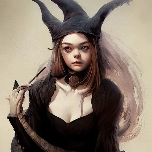 Image similar to Elle Fanning as a witch by Stanley Artgerm Lau, WLOP, Rossdraws, Frank Frazetta, Andrei Riabovitchev, Marc Simonetti, trending on artstation.