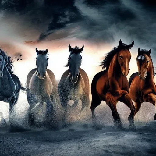 Prompt: hyper realistic picture of the horsemen of the apocalypse decending the sky on the verge of human extintion, deep shadows, high contrast, ash atmospher, nuclear winter