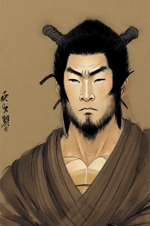 Prompt: face portrait of a handsome and muscular japanese ronin with masculine facial features, short messy hair, and wearing a haori, by brom, frank frazetta, and greg rutkowski, samurai, sengoku era, feudal japan, digital painting, sharply focused, centered, rule of thirds, trending on artstation, concept art, ultra high detail, ultra realistic