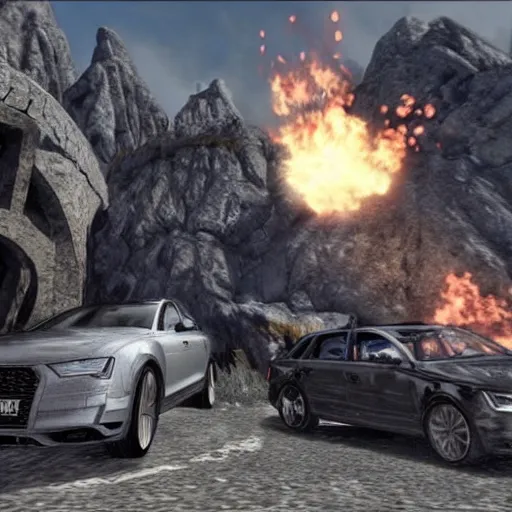 Prompt: a dragon fighting against a denim blue audi a 4 b 6 avant in whiterun, skyrim gameplay footage