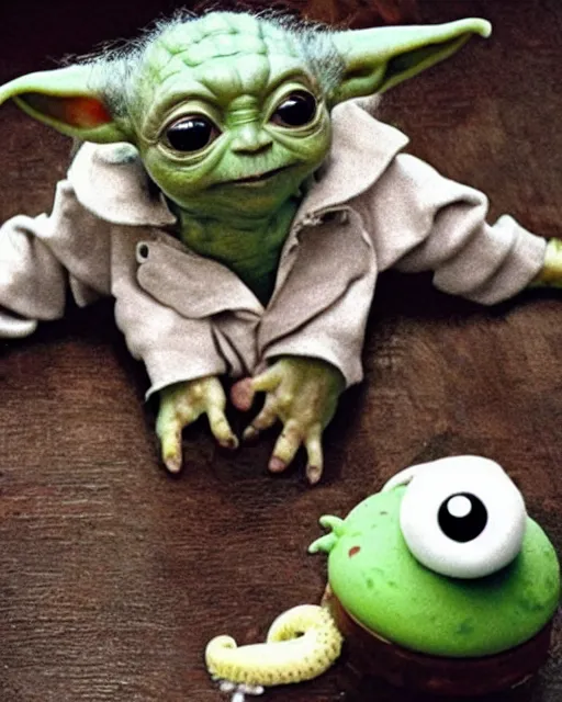 Image similar to baby yoda eating an octopus in the style of the movie oldboy