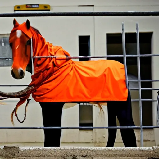 Image similar to horse wearing orange inmate clothes, in a jail