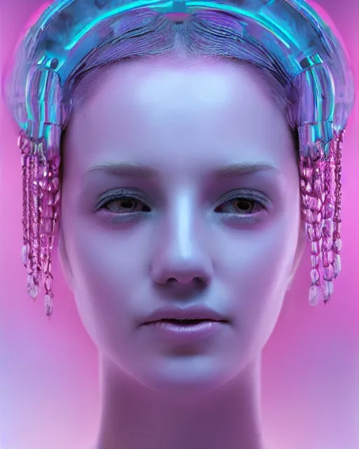 Image similar to natural light, soft focus portrait of an android with soft synthetic pink skin, blue bioluminescent plastics, smooth shiny metal, elaborate ornate head piece, piercings, skin textures, by annie liebovotz, paul lehr