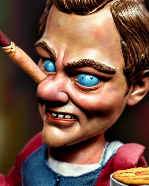 Image similar to highly detailed closeup, face profile portrait of a tin toy leonardo dicaprio as a medieval goblin eating cakes in a castle, hyper realistic, artstation, illustration, nicoletta ceccoli, mark ryden, lostfish, dan decarlo, bob clampett, max fleischer, digital paint, matte paint, vivid colors, detailed and intricate environment