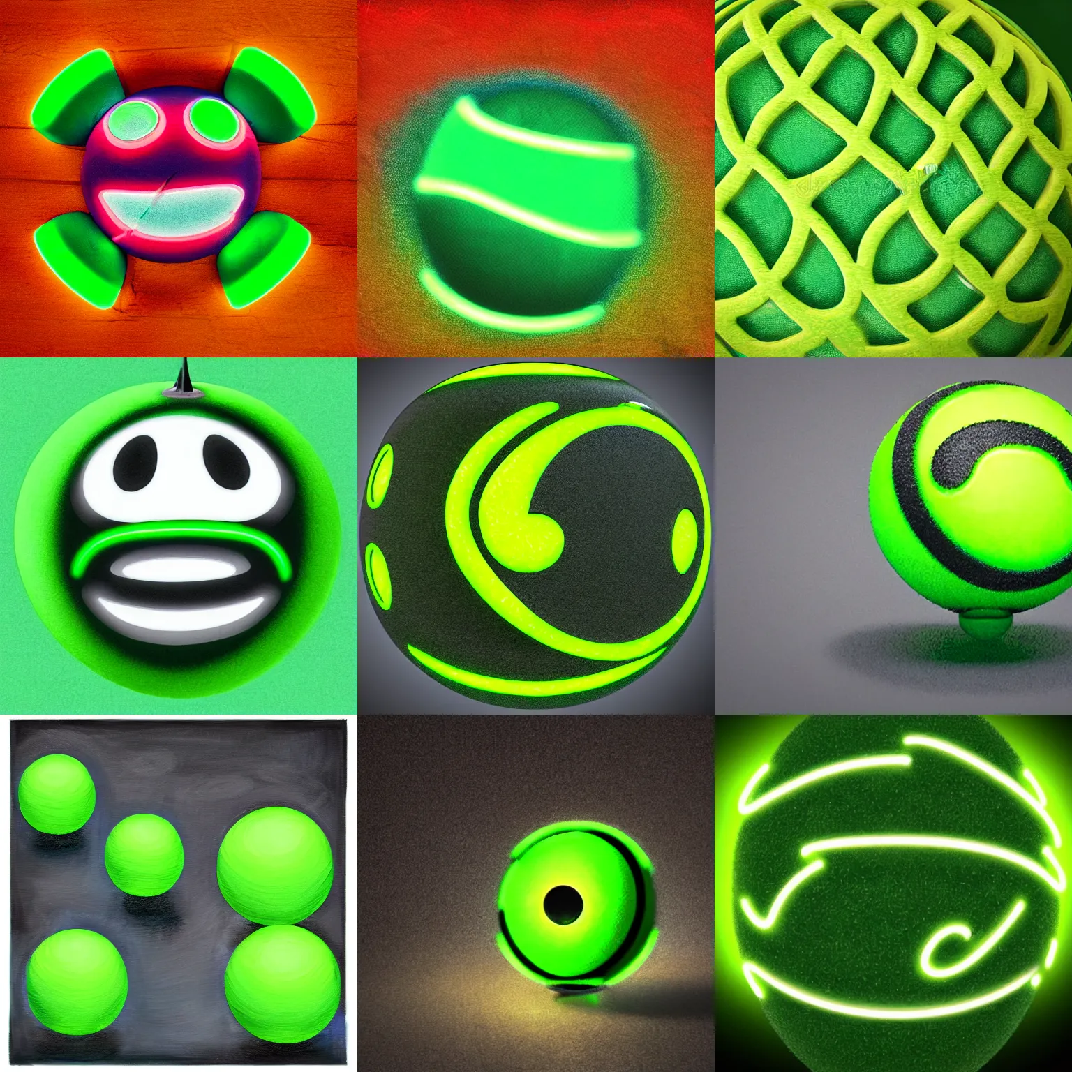 Prompt: an extremely sinister neon green wiffle ball, the ball has an evil face, close - up painterly illustration