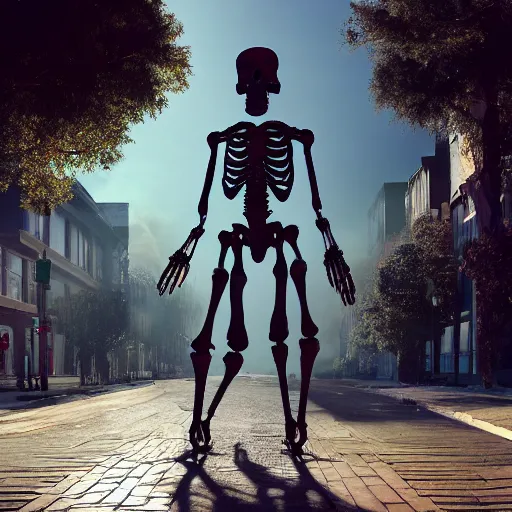 Image similar to Giant skeleton stands in the middle of the street, looks at the sun, volumetric lighting, hyperrealistic, beautiful details, HDR, octane render,