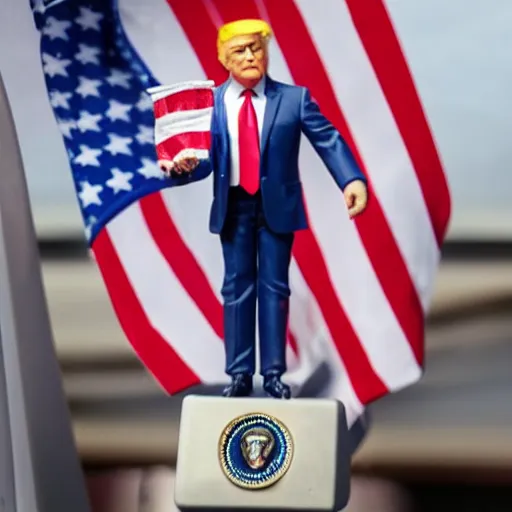 Image similar to a toy figure of donald trump holding usa flag