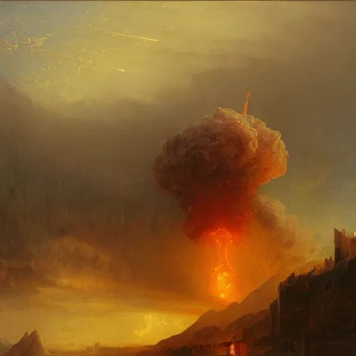 Prompt: An atom bomb explosion in Mumbai, by Thomas Cole, by Carl Gustav Carus, by Wadim Kashin, oil on canvas, masterpiece, trending on ArtStation