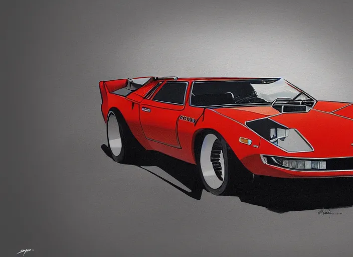 Image similar to a blending, amalgamation and detailed combination of a lamborghini countach, datsun 2 6 0 z and a jaguar e - type, concept art, very round headlights, long front end, 8 k, highly detailed, trending on art station, dramatic lighting