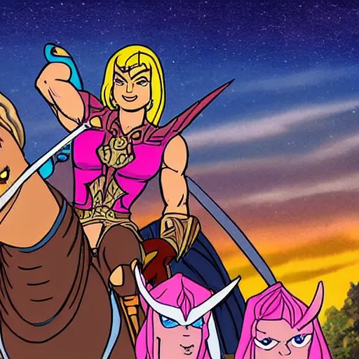 Prompt: He-Man, She-Ra, and Skeletor riding a horse together