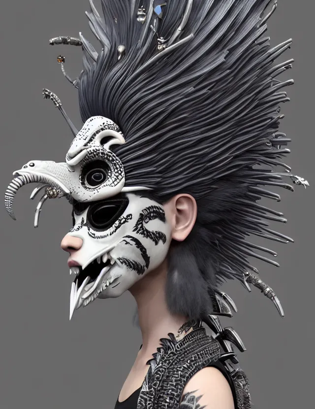 Image similar to 3 d goddess close - up profile portrait punk with mohawk with ram skull. beautiful intricately detailed japanese crow kitsune mask and clasical japanese kimono. betta fish, jellyfish phoenix, bio luminescent, plasma, ice, water, wind, creature, artwork by tooth wu and wlop and beeple and greg rutkowski