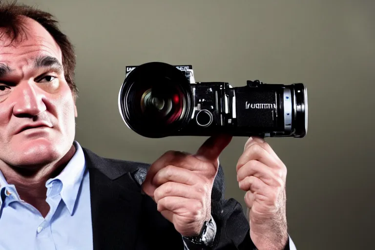 Image similar to high quality photo of aQuentin tarantino holding a 16 mm camera