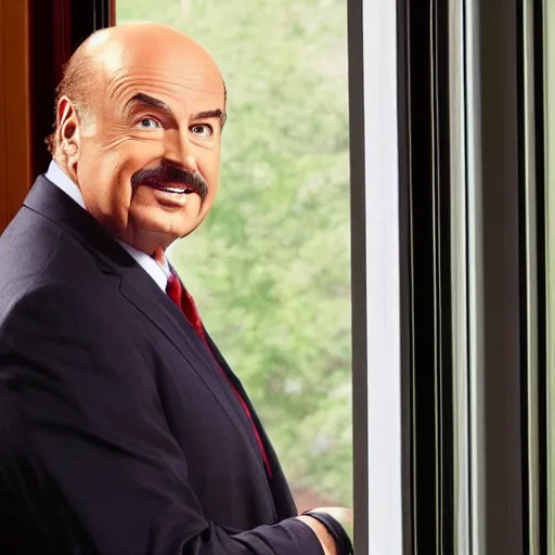 Prompt: dr. phil looking in through window, photography, high detail, tv star dr. phil, window