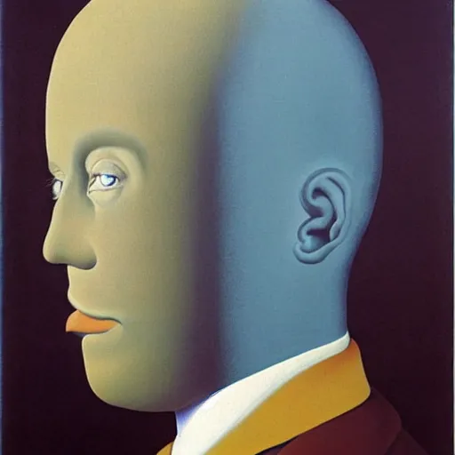 Image similar to a man with a beehive instead of a face, surrealist painting by rene magritte. mysterious, ominous