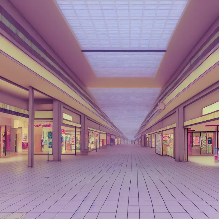 Image similar to vaporwave 7 0 s dreamy empty empty shopping mall, japanese style, highly detailed, 3 d render, vray, octane, realistic lighting, photorealistic