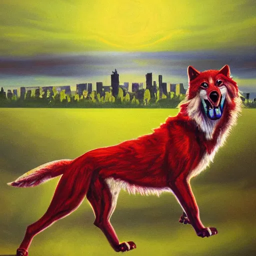 Image similar to this painting depicts a feral, screaming, wolf as it runs at great speed toward the viewer. behind it, across a cityscape, there is another smaller wolf in red, with its tongue hanging out. the sky behind the pair is a brilliant yellow - green.