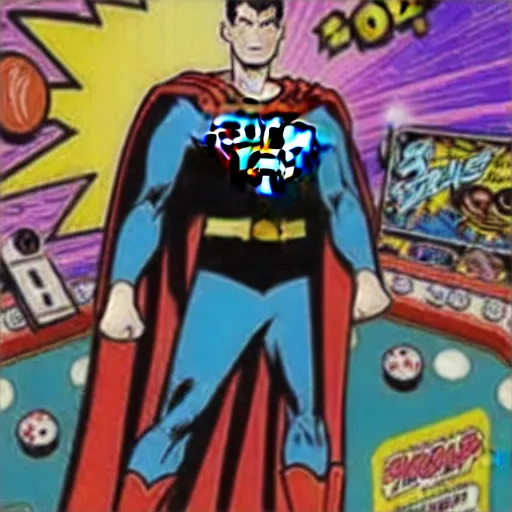 Image similar to a comic book super hero who is just really good at pinball and throws pinball machines he has a long cape his left hand is missing and instead is a launcher from a pinball machine, 4k, highly detailed, heroic pose, graphic novel, bright colors, dark lines