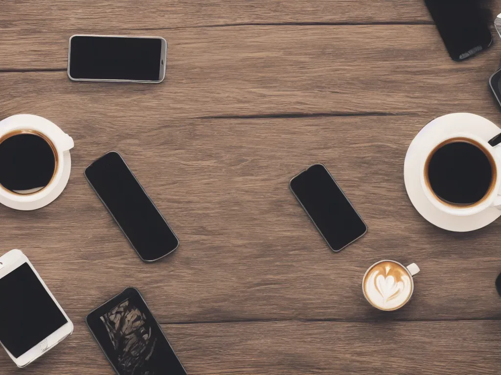 Prompt: coffee cups and smartphones on table