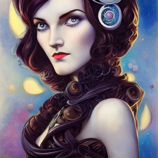 Image similar to an art nouveau, ( streamline moderne ), multi - racial portrait in the style of anna dittmann and charlie bowater and magali villenueve. very large, clear, expressive, and intelligent eyes. centered, ultrasharp focus, dramatic lighting, photorealistic digital matte painting, intricate symmetrical ultra detailed background.