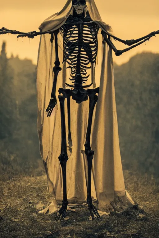 Prompt: a film still of a tall skeletal humanoid wearing a torn and tattered cape with a hood, adorned by beautiful golden jewelry in cool twilight standing by a warm bonfire, smoke, dry ice, horror, highly detailed, film grain, vignette, chromatic aberration