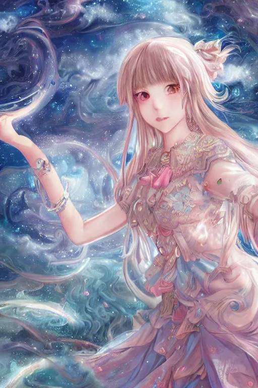 Image similar to beautiful ultra detailed manga Illustration of a girl in a celestial fantasy landscape, Full Art Illustration, by ying yi, artstation