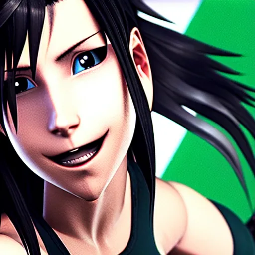 Image similar to Tifa Lockhart from Final Fantasy VII Remake looking at the Italian flag and chuckling to herself