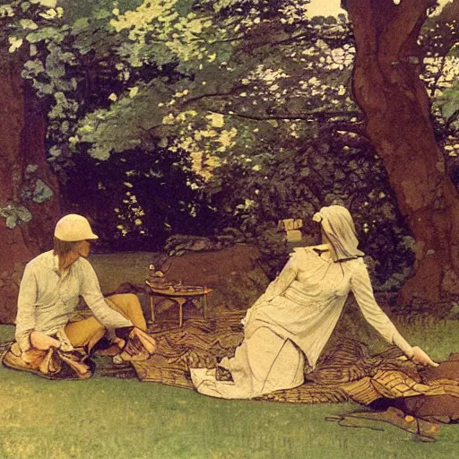 Prompt: Print. Conceptual art, the warm, golden light of the sun casts a beautiful glow on the scene, and the gentle breeze ruffles the leaves of the trees. The figures in the conceptual art are engaged in a simple activity, the way they are positioned and the expressions on their faces suggest a deep connection. Peace and contentment, idyllic setting. by Walter Langley evocative, subtle