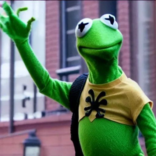 Prompt: photo of Kermit the frog as spider man in averngers movie