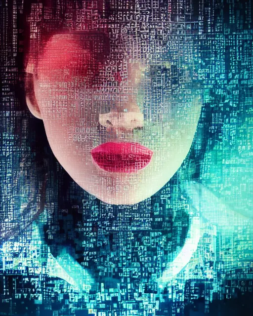Image similar to A broken monitor with a calm AI women's face on it. Very very very strong glitches on the monitor. The face is blurry with glitches. Extremely high detail, glitchcore, glitches, glitch, cyberpunk, 8k render