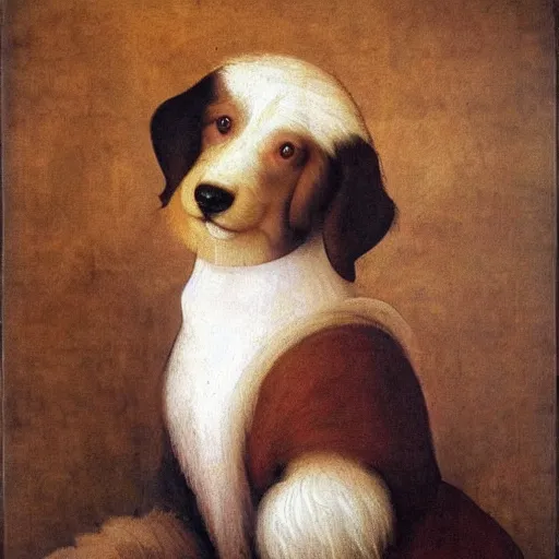 Prompt: a majestic brown and white kooiker dog as painted by Leonardo da Vinci, vibrant colors, oil on canvas