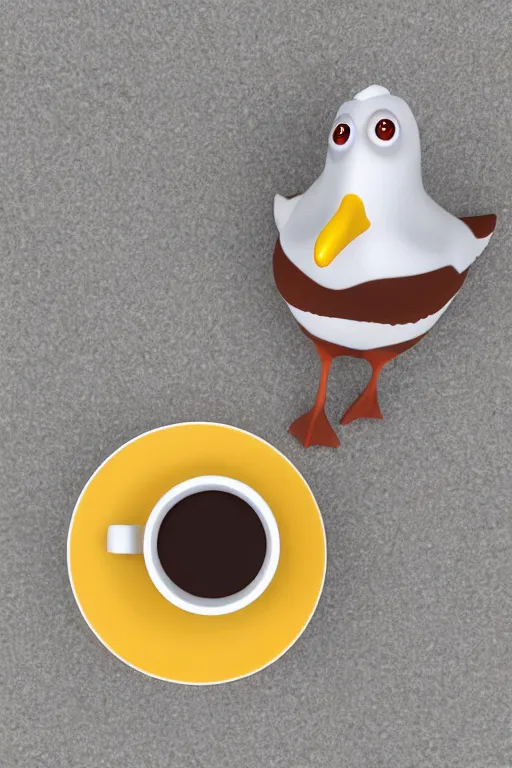 Image similar to Seagull Pixar character and a cup of coffee in the beach, Up movie style, 3d render