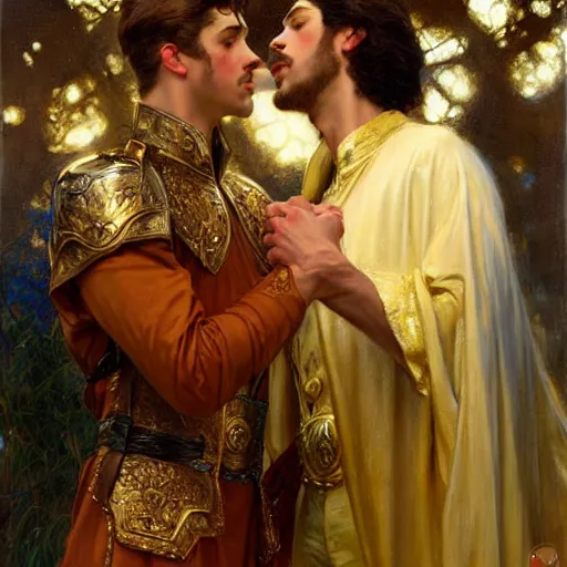 Image similar to attractive fully clothed king confesses his love for his attractive fully clothed male prince. highly detailed painting by gaston bussiere, mark brooks, j. c. leyendecker