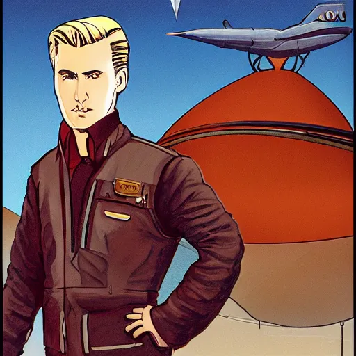 Image similar to character concept art of heroic square - jawed emotionless serious blonde handsome butch princely woman aviator, with very short butch slicked - back hair, wearing brown leather jacket, standing in front of small spacecraft, illustration, science fiction, retrofuture, highly detailed, ron cobb, mike mignogna