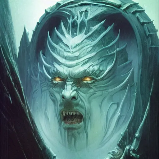 Prompt: head and shoulders portrait of a wraith king, d & d, fantasy, greg rutkowski, frank frazetta, alexandre chaudret, boris vallejo, michael whelan, miro petrov, hr giger, magali villeneuve, donato giancola