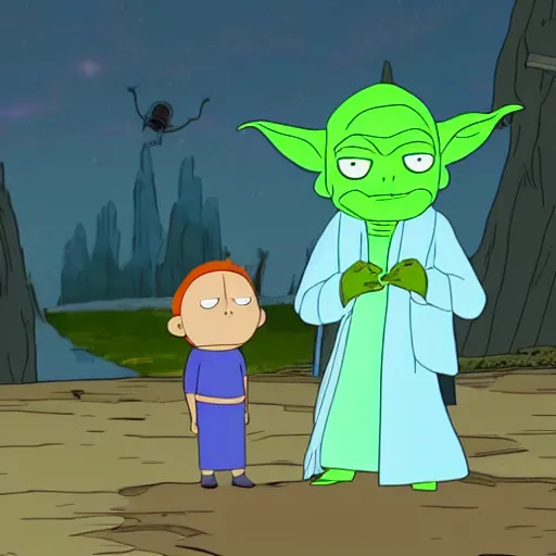 Prompt: Baby Yoda meets Rick Sanchez in Rick and morty digital art 4k detailed super realistic