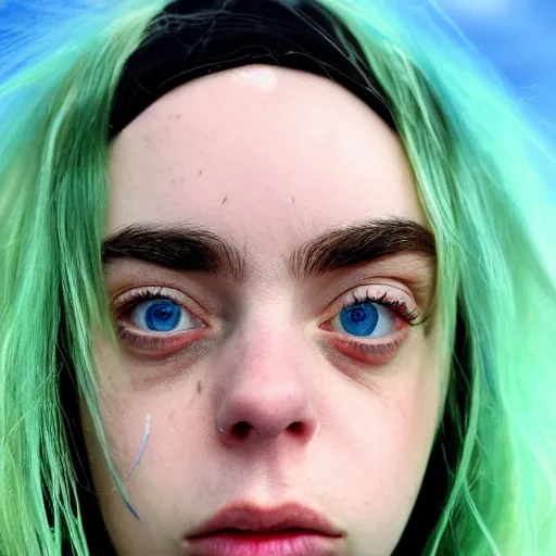 Prompt: fish eye camera photo of billie Eilish extremely close to the camera, extreme close-up, detailed skin and face, 8k, funny
