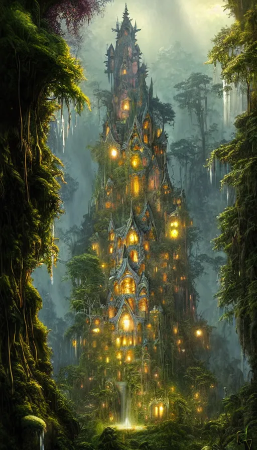 Prompt: fairy palace, castle towers, sunbeams, gothic towers, Japanese shrine waterfall, gold and gems, gnarly details, lush vegetation, forest landscape, painted by tom bagshaw, raphael lacoste, eddie mendoza, alex ross concept art matte painting