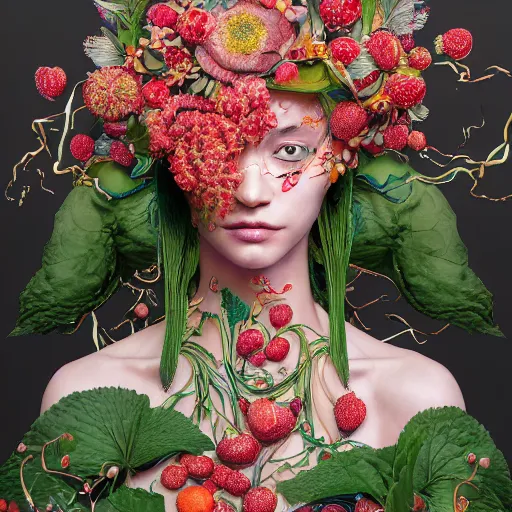 Image similar to the portrait of an absurdly beautiful, graceful, elegant, sophisticated woman made of strawberries and green petals, an ultrafine hyperdetailed illustration by james jean, kim jung gi, irakli nadar, intricate linework, bright colors, octopath traveler, final fantasy, unreal engine 5 highly rendered, global illumination, radiant light, detailed and intricate environment