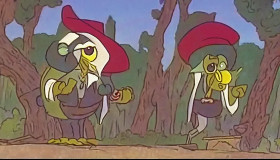 Image similar to saturday morning cartoon shot of an owl dressed as the lone ranger, screenshot from 1990s animated show