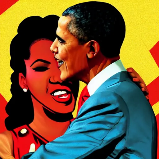 Image similar to barack obama hugging nicki minaj from behind, soviet colored propaganda poster, highly detailed illustration