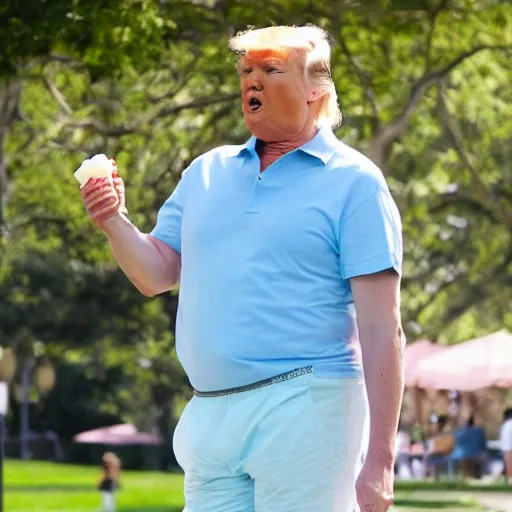 Image similar to donald trump wearing a pair of light blue hoochie daddy shorts and a pink miami beach t-shirt while enjoying himself a pistachio ice cream cone in the park, high-res, hyperrealistic,