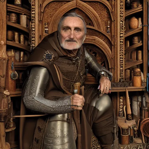 Prompt: full body portrait photo of Dennis hopper as a devious medieval lord in a giant medieval Shop, unreal engine, octane render, intricate details, 8k high definition, beauriful, ornate, hypermaximalistic