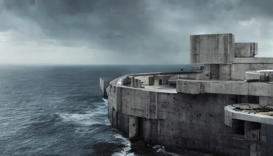 Image similar to coastal perched on a cliff overlooking a magnificient bay, brutalist imperial military base, drawing architecture, ultra very long shot, top angle, imperial architecture in rogue one, pritzker architecture prize, brutalism architecture, jan urschel, greig fraser