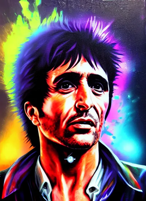 Image similar to photorealistic tony montana in a style of cyberpunk, magic glowing blur, glamour necro science acrylic painting, salvia divinorum made in abyss